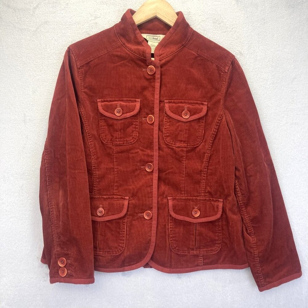 LL Bean Corduroy‎ Jacket Womens Medium Petite PM Pockets Button Up Red Fall